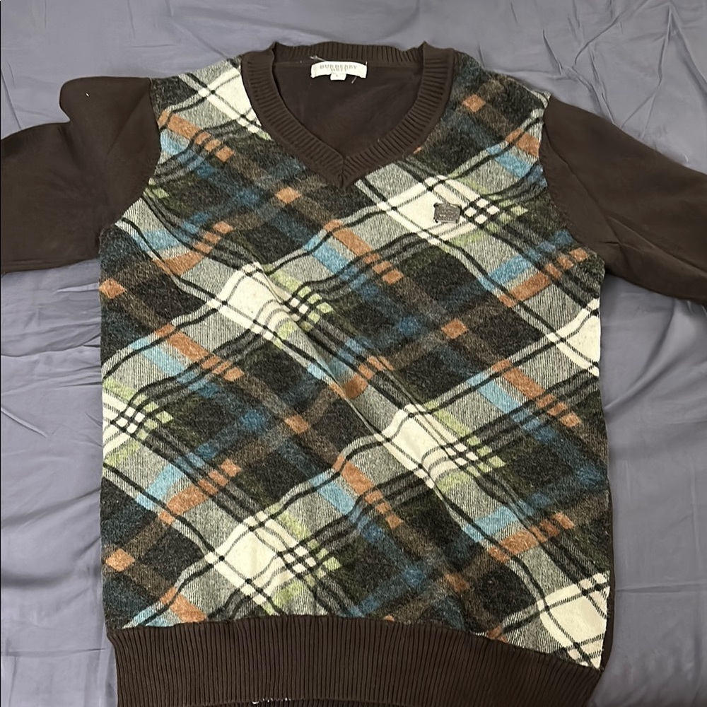 Burberry Brown and Blue V-Neck Sweater with Plaid Design